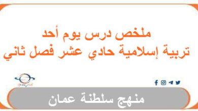 ملخص درس يوم أحد تربية إسلامية حادي عشر فصل ثاني