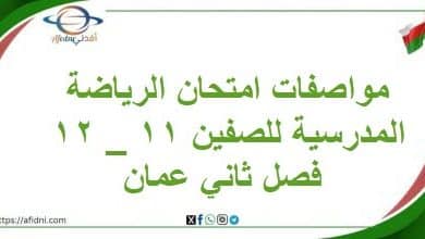 مواصفات امتحان الرياضة المدرسية للصفين 11 _ 12 فصل ثاني عمان